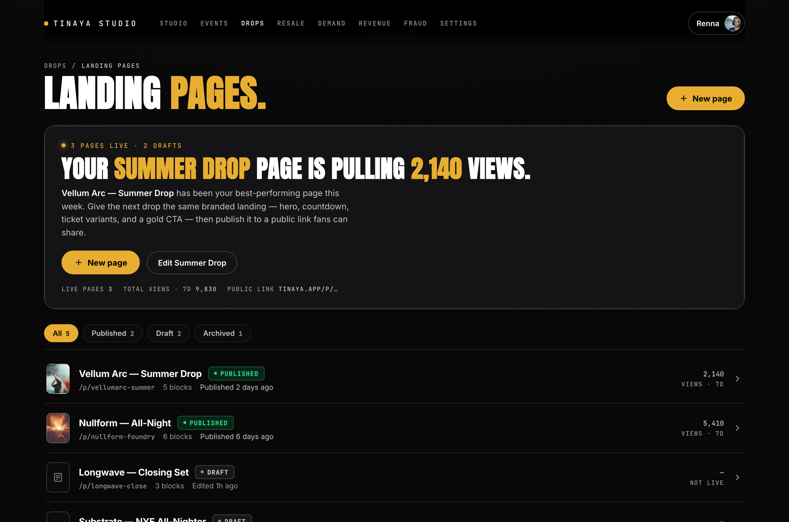 Build your artist page, drops, community, merch in one place