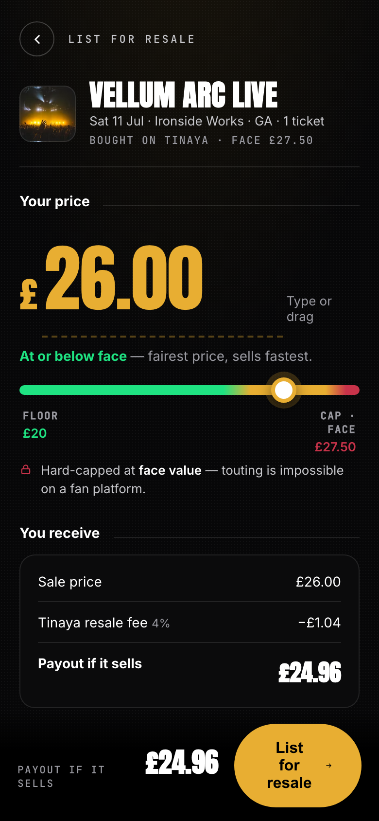 Fan resale, every listing capped at face value